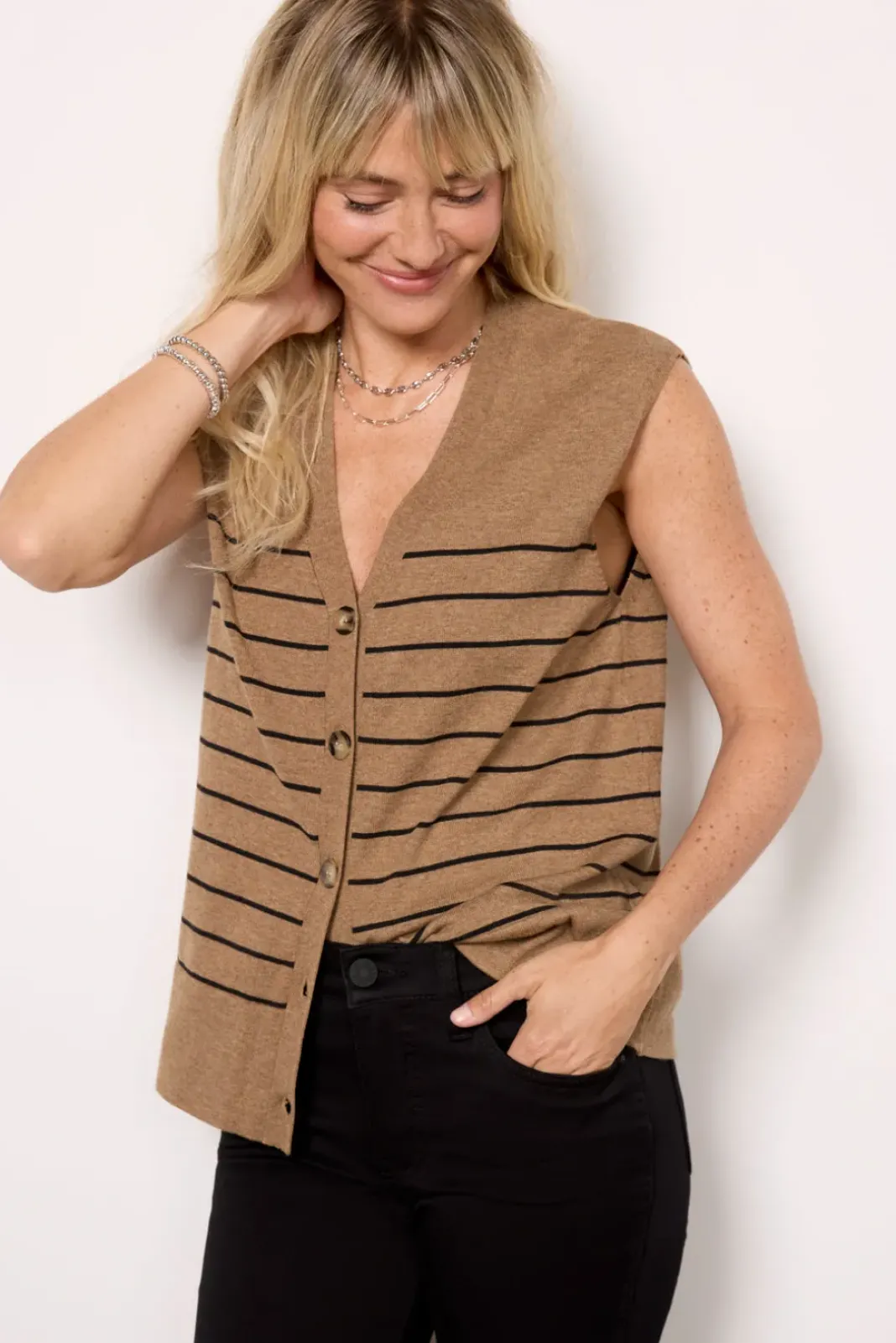 Sweaters<JOHN + JENN Adeline Vest Camel/Blackstripe