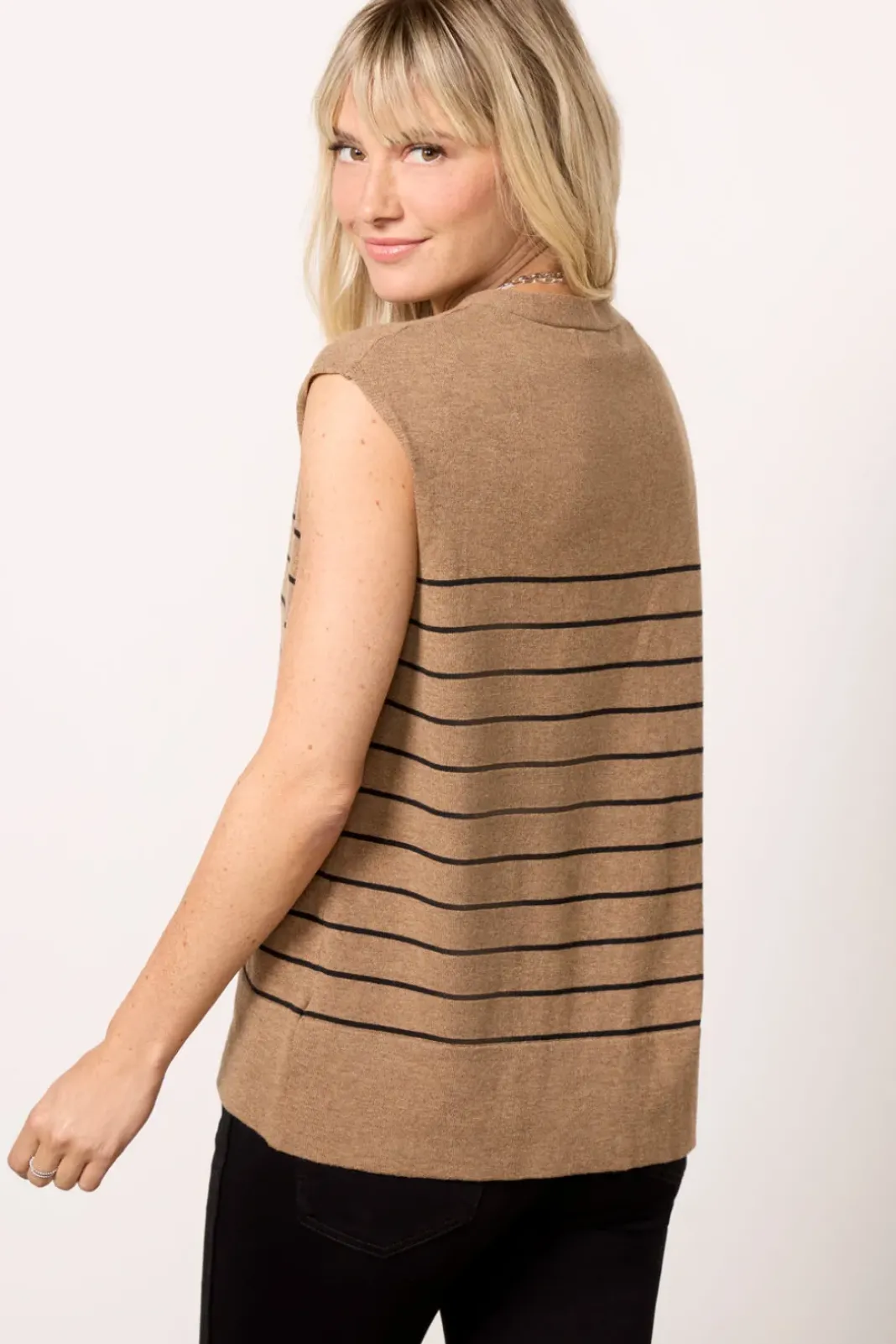 Sweaters<JOHN + JENN Adeline Vest Camel/Blackstripe