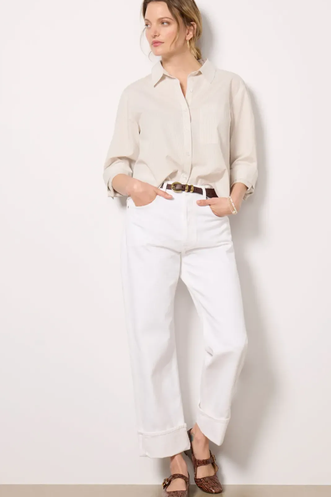 Tops & Tees<EVEREVE Aiden Crop Shirting Tan/Creamstripe