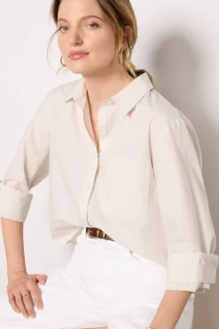 Tops & Tees<EVEREVE Aiden Crop Shirting Tan/Creamstripe