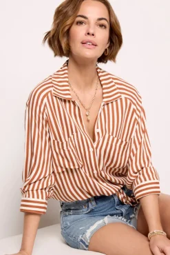 Tops & Tees<LNA Alpine Drawstring Button Down Rust/Ivorystripe