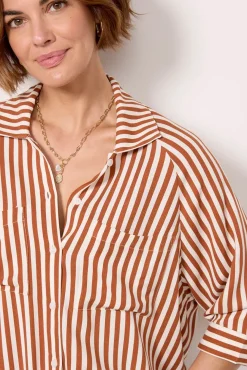 Tops & Tees<LNA Alpine Drawstring Button Down Rust/Ivorystripe