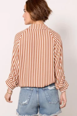 Tops & Tees<LNA Alpine Drawstring Button Down Rust/Ivorystripe