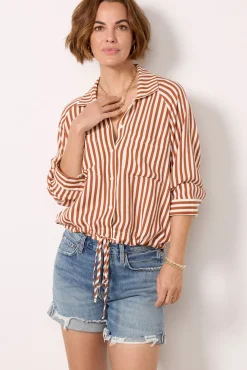 Tops & Tees<LNA Alpine Drawstring Button Down Rust/Ivorystripe