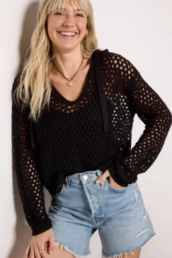 Sweaters<LNA Cari Open Knit Hoodie Pullover Black