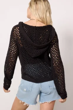 Sweaters<LNA Cari Open Knit Hoodie Pullover Black