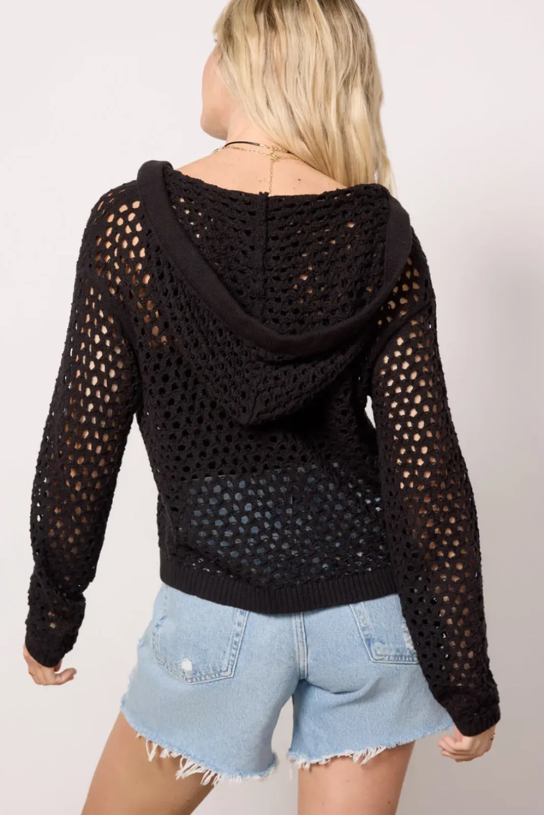 Sweaters<LNA Cari Open Knit Hoodie Pullover Black