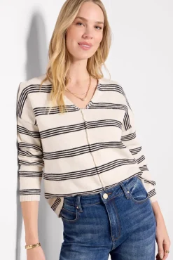 Sweaters<SANCTUARY Easy V Neck Sweater Oat/Blackstripe