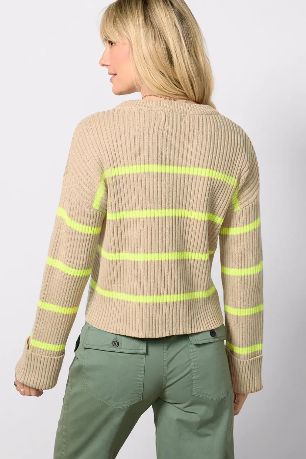 Sweaters<EVEREVE Emma Crew Stripe Pullover Oat/Neon