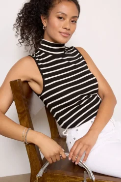 Tops & Tees<SANCTUARY Essential Stripe Sleeveless Mock Neck Black/Chalk