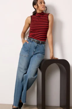 Tops & Tees<SANCTUARY Essential Stripe Sleeveless Mock Neck Black/Redstripe