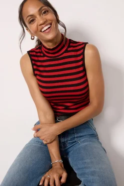 Tops & Tees<SANCTUARY Essential Stripe Sleeveless Mock Neck Black/Redstripe