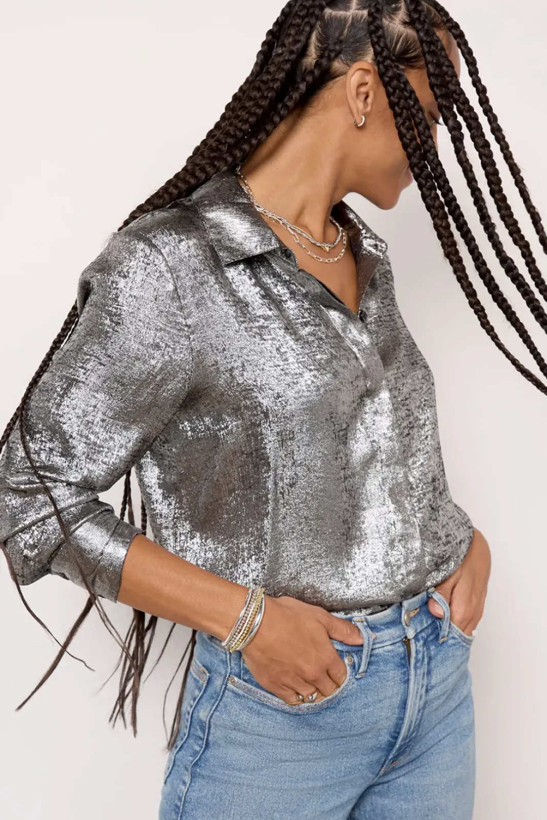 Tops & Tees<EVEREVE Florence Foil Shirting Silver