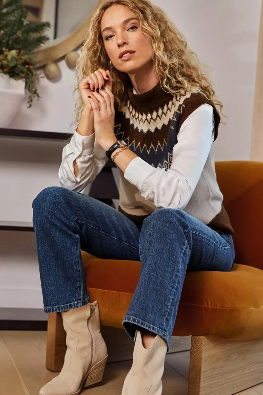 Sweaters<EVEREVE Ida Fairisle vest Brown/Ivory
