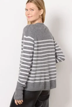 Sweaters<EVEREVE Kate Vneck Cashmere Pullover Greyivorystripe