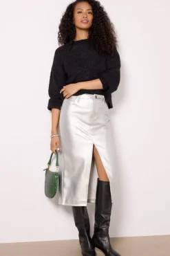 Skirts<SANCTUARY LEATHER LIKE MIDI SKIRT Silver