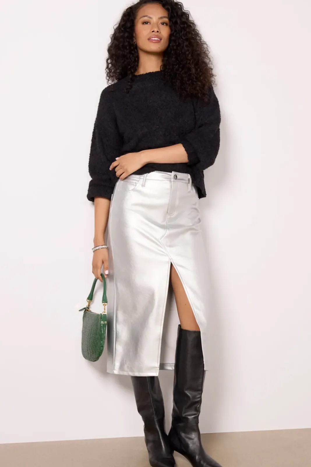 Skirts<SANCTUARY LEATHER LIKE MIDI SKIRT Silver