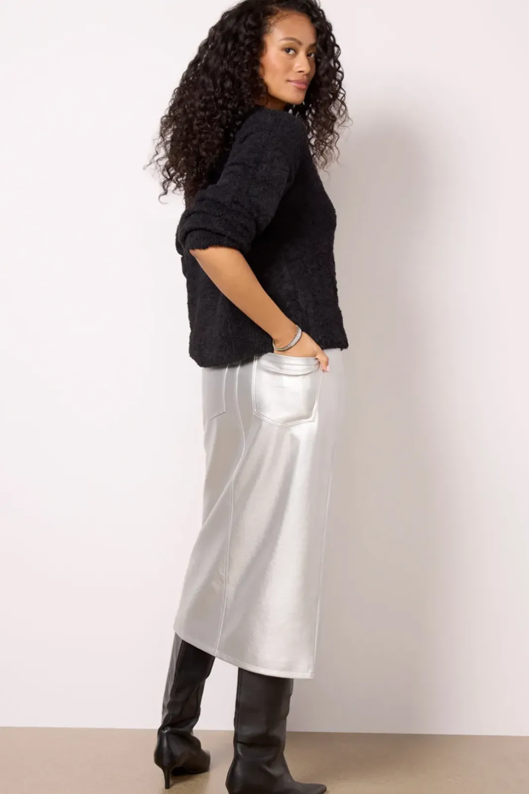 Skirts<SANCTUARY LEATHER LIKE MIDI SKIRT Silver