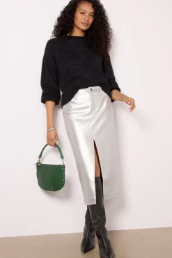 Skirts<SANCTUARY LEATHER LIKE MIDI SKIRT Silver