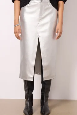 Skirts<SANCTUARY LEATHER LIKE MIDI SKIRT Silver