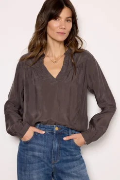 Tops & Tees<CLOTH AND STONE Long Sleeve Shirred Blouse Smokeshadow
