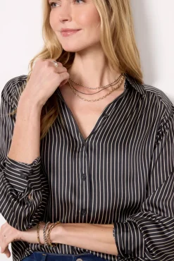 Tops & Tees<EVEREVE Monica Stripe Satin Shirt Black/Cream