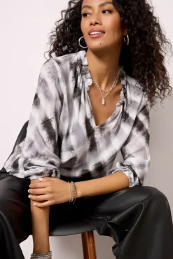 Tops & Tees<CLOTH AND STONE Ruffle Neck Blouse Frostygreyplaid