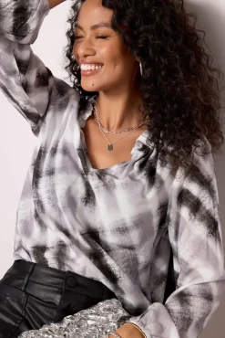 Tops & Tees<CLOTH AND STONE Ruffle Neck Blouse Frostygreyplaid