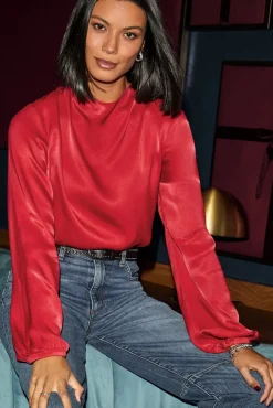 Tops & Tees<CLOTH AND STONE Satin Drape Neck Blouse Icedcranberry