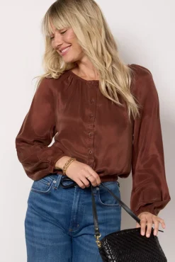 Tops & Tees<CLOTH AND STONE Shirred Button Front Blouse Mahoganybrown