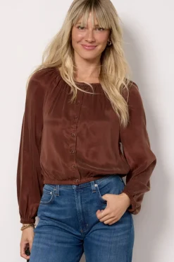 Tops & Tees<CLOTH AND STONE Shirred Button Front Blouse Mahoganybrown