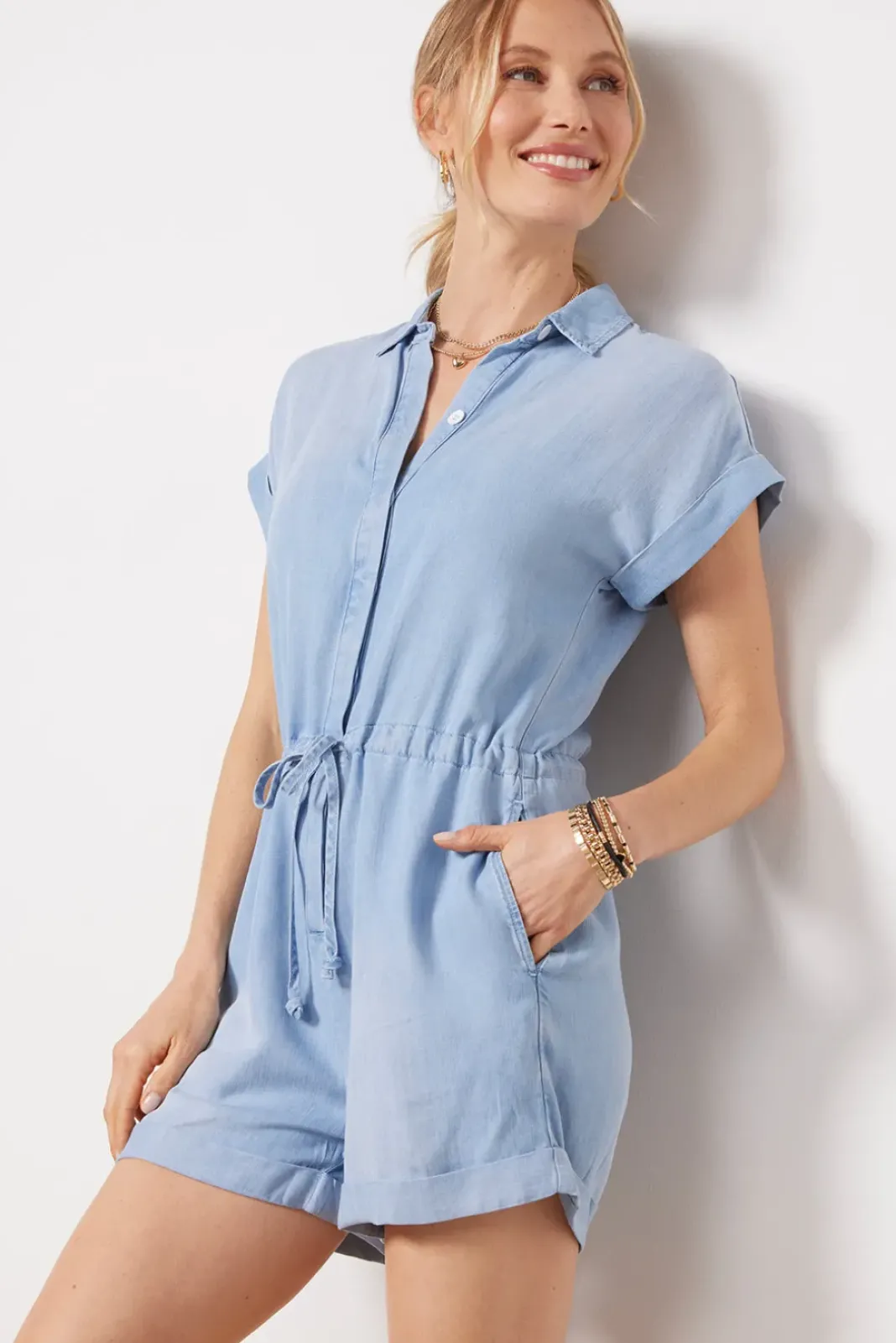 Jumpsuits & Rompers<CLOTH AND STONE Short Sleeve Drawcord Waist Romper Riveria