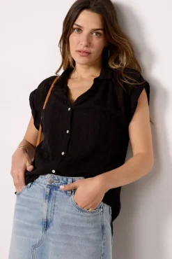Tops & Tees<CLOTH AND STONE Textured Sheer Shirt Black