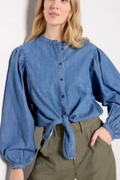 Tops & Tees<SANCTUARY Tie Front Volume Blouse Blueslate
